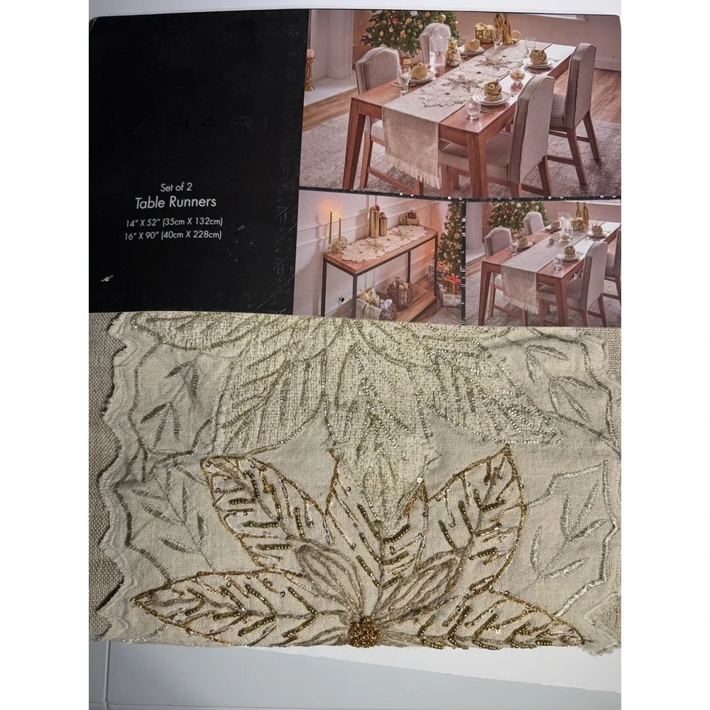 Tahari Set Of 2 Table Runners Neutrals/golds Embroidered 14